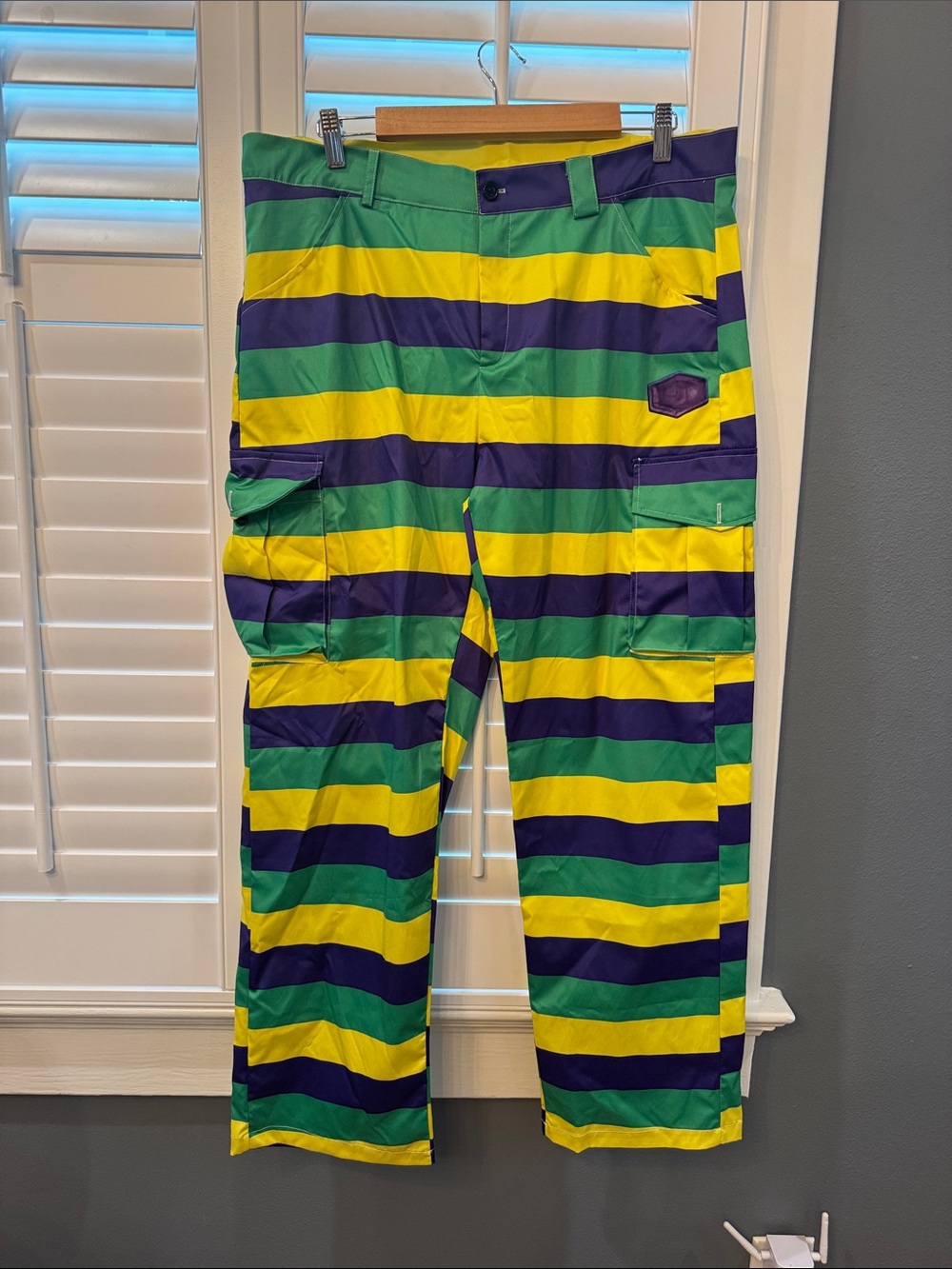 Bold Striped Cargo Pants in Green, Yellow & Purple
